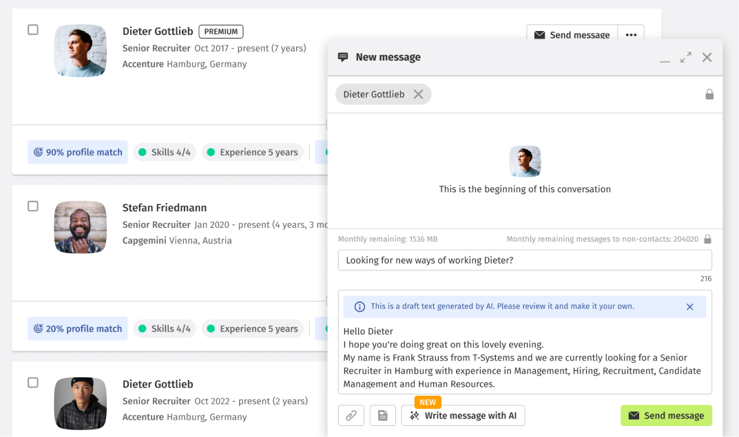 Leverage AI with smart messaging to efficiently approach talent on XING