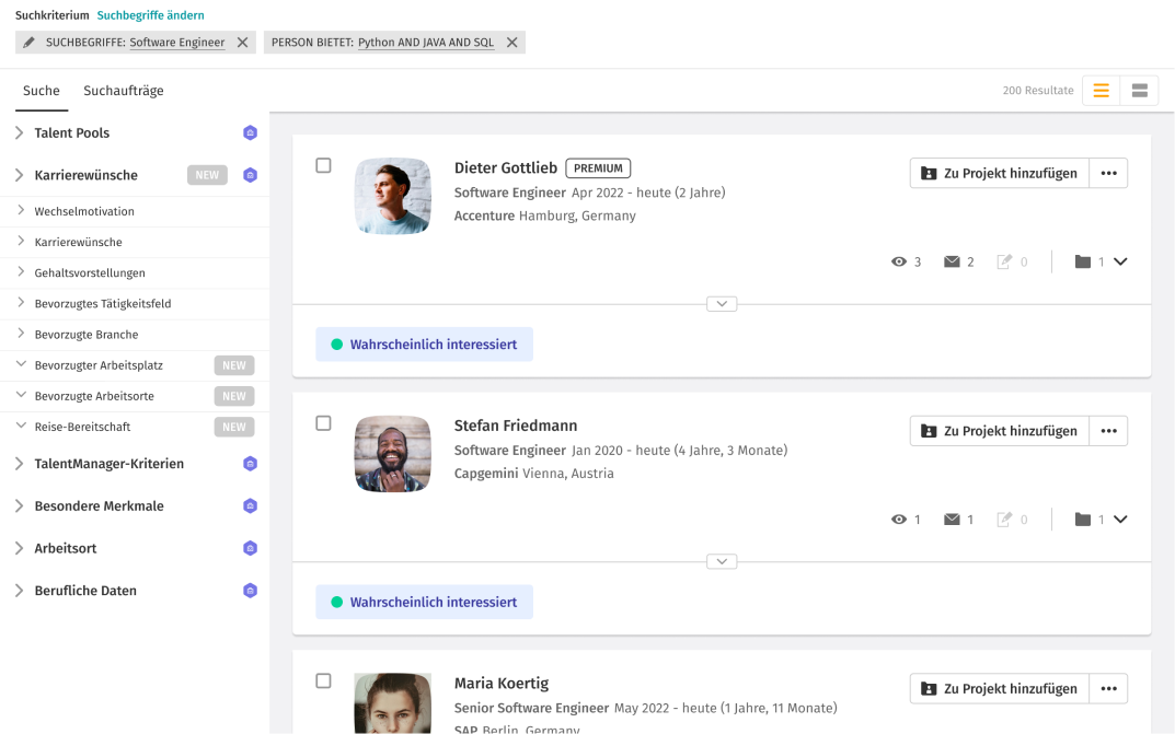 Suchen und Finden Sie Top-Talente mit smarten Filtern, Boolescher Suche und automatischen Empfehlungen